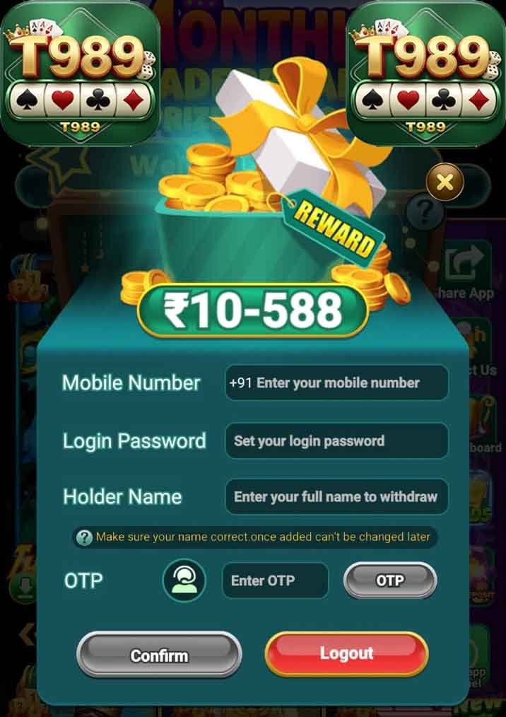 T989 (New Yono) Worldwide Game | T989 Direct Play Get-₹10-588 Bonus With Granti